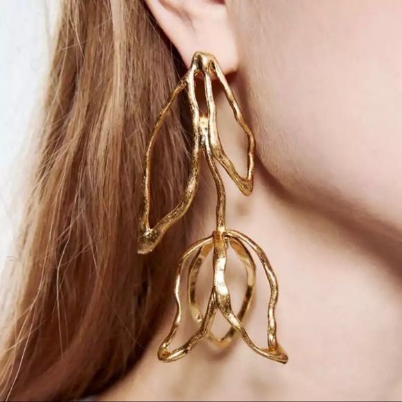 FOR LOVE AND LEMONS GOLD TONE UNIQUE TULIP LONG LIGHTWEIGHT DELICATE MINIMALIST - Picture 2 of 8